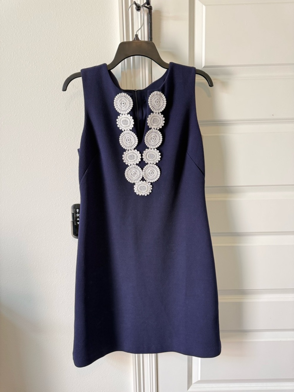 Navy Sleeveless Shift Dress with White Floral Appliqué